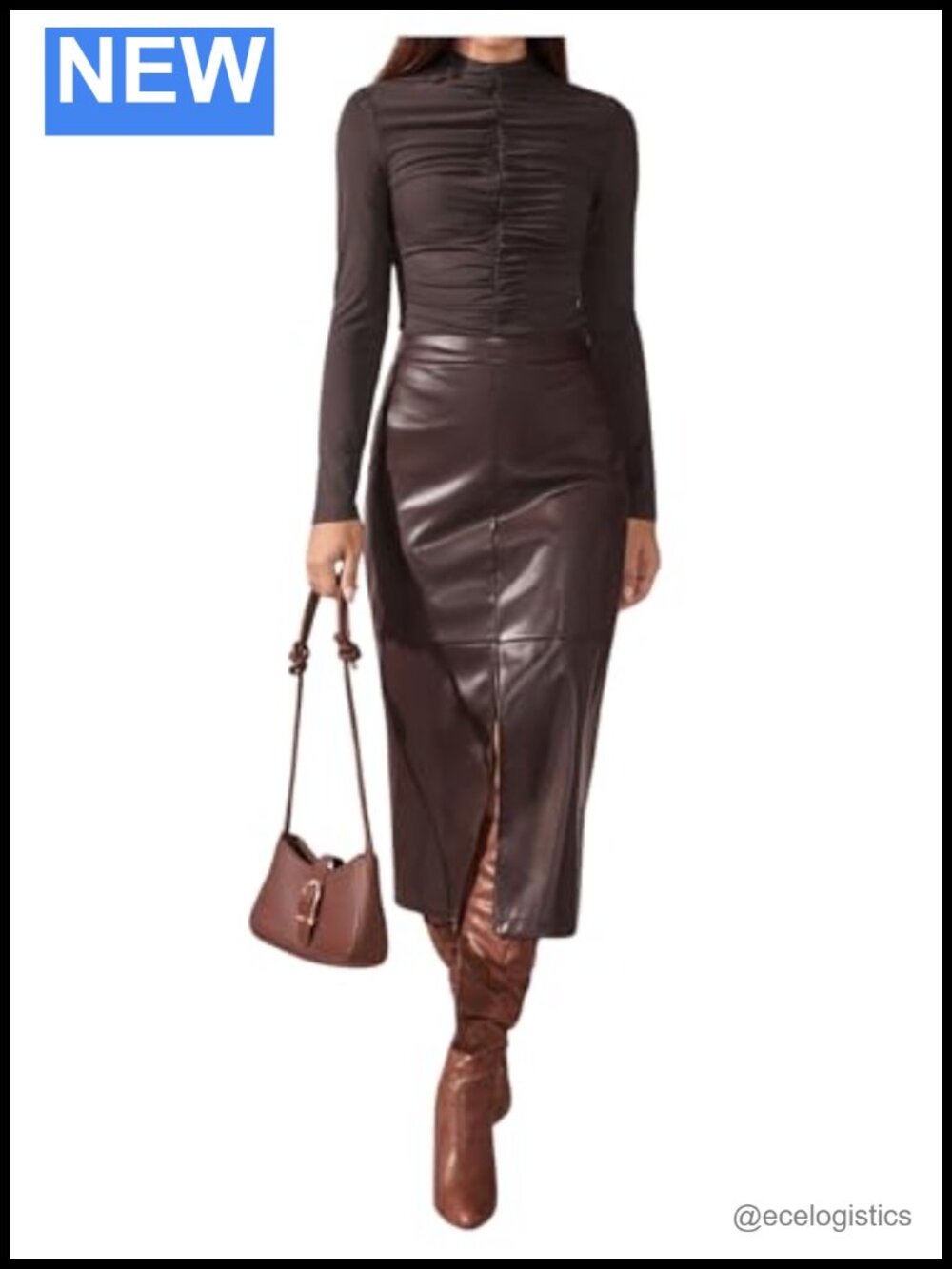 PU Leather High Waist Midi Skirt with Split Hem A-Line Office Skirt